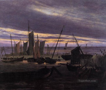  Arco Pintura al %C3%B3leo - Barcos en el puerto por la noche el romántico Caspar David Friedrich